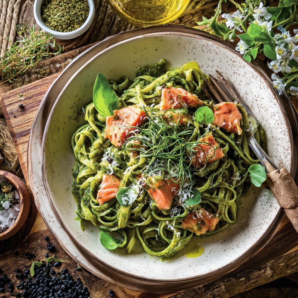 Salmon Pasta with Spinach Pesto